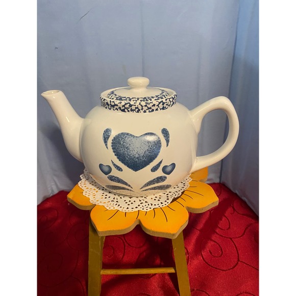 1980' Stone Ware by Jay Blue Heart Tea  Pot - Picture 1 of 7
